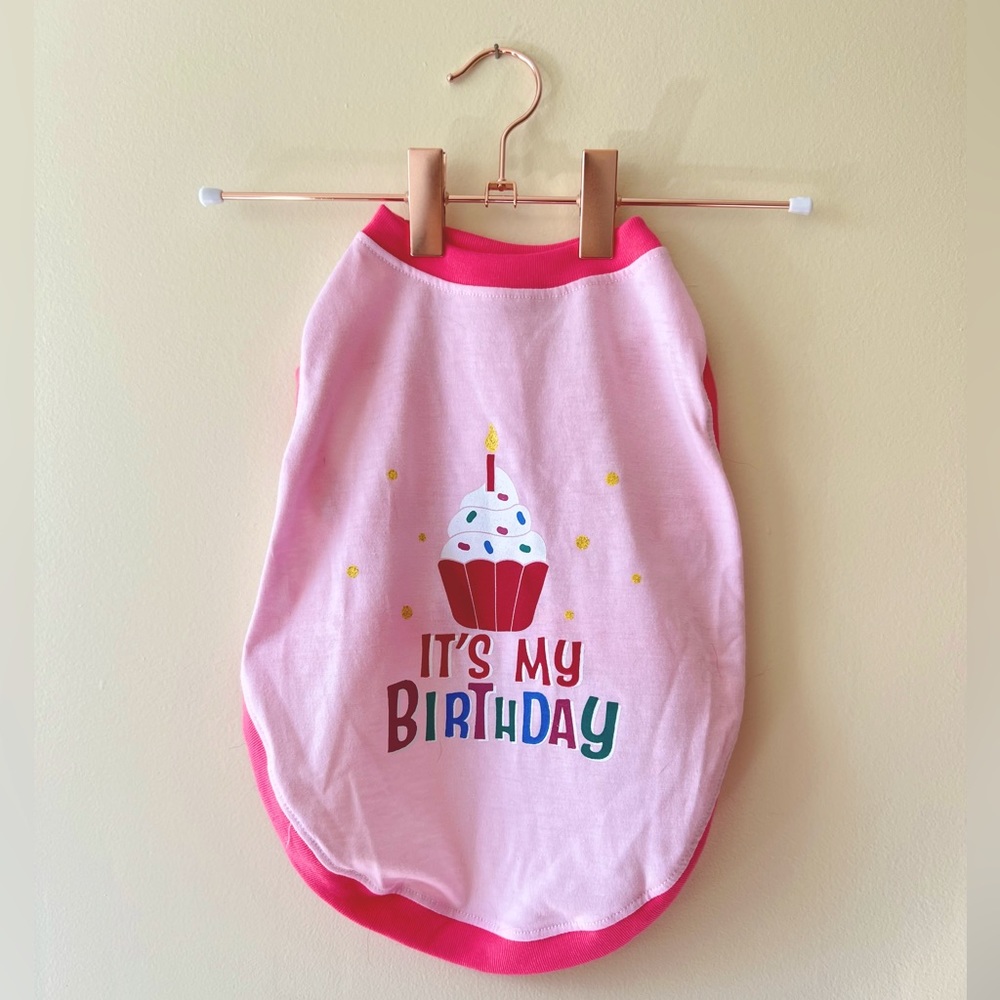 “It’s My Birthday” Dog Cupcake with Candle Birthday Shirt in Pink Size Small